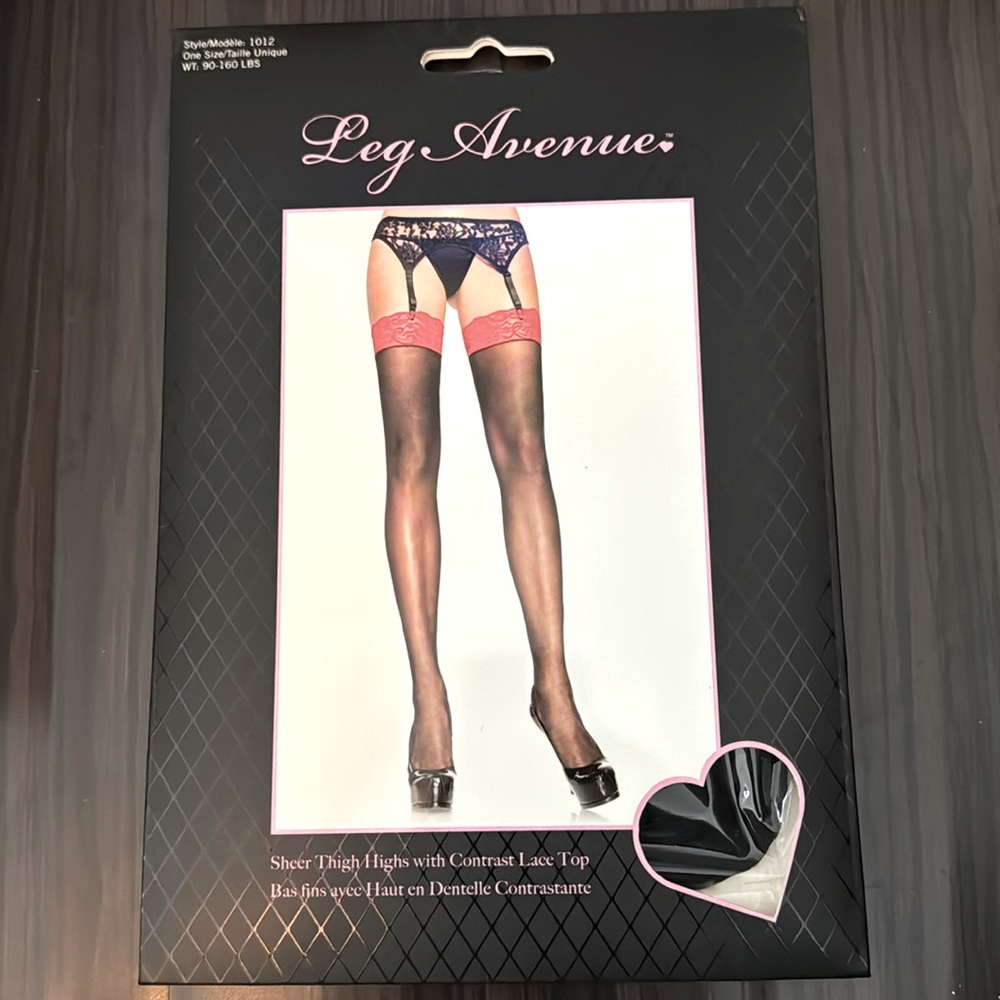 NEW LEG AVENUE Sheer Thigh Highs with Contrast Lace Top, 1012 Black/Red